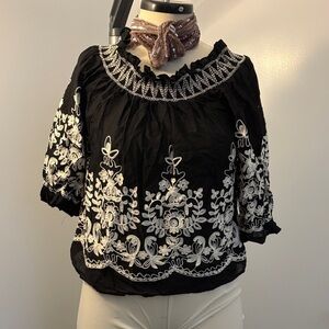 Chic Black Blouse with White Embroidery